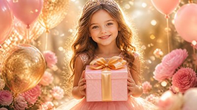 Фееричная открытка с подарком на именины для крестницы